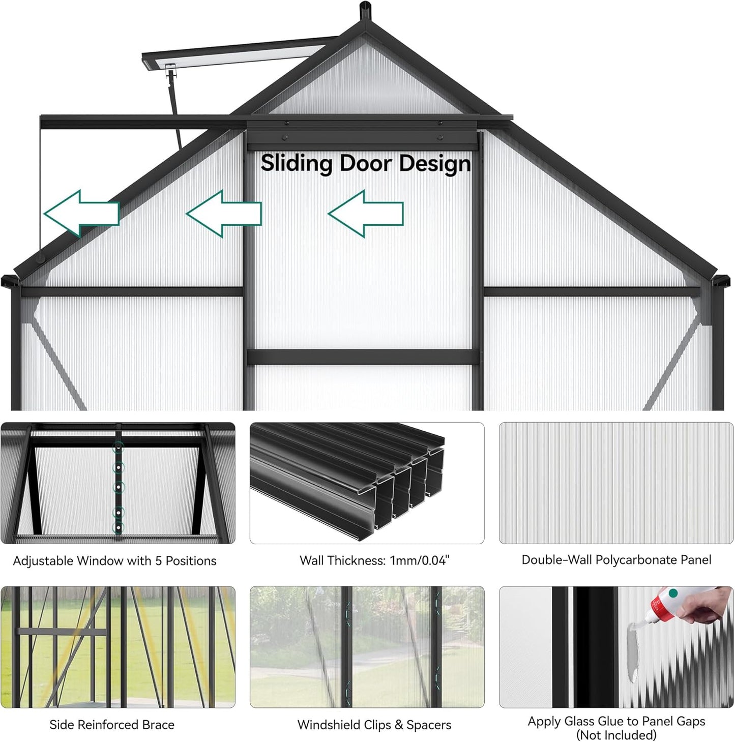 YITAHOME 10x6FT Polycarbonate Greenhouse Heavy Duty Green Houses Outdoor Aluminum Greenhouses w/ Sliding Doors Vent Window Walk-in Greenhouse for Garden Backyard, Matte Black