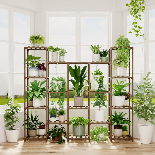 Bamworld Large Hanging Plant Stand Indoor Tall Plant Shelf Outdoor 14 Pots Large Plant Rack for Living Room Patio, Balcony and Garden