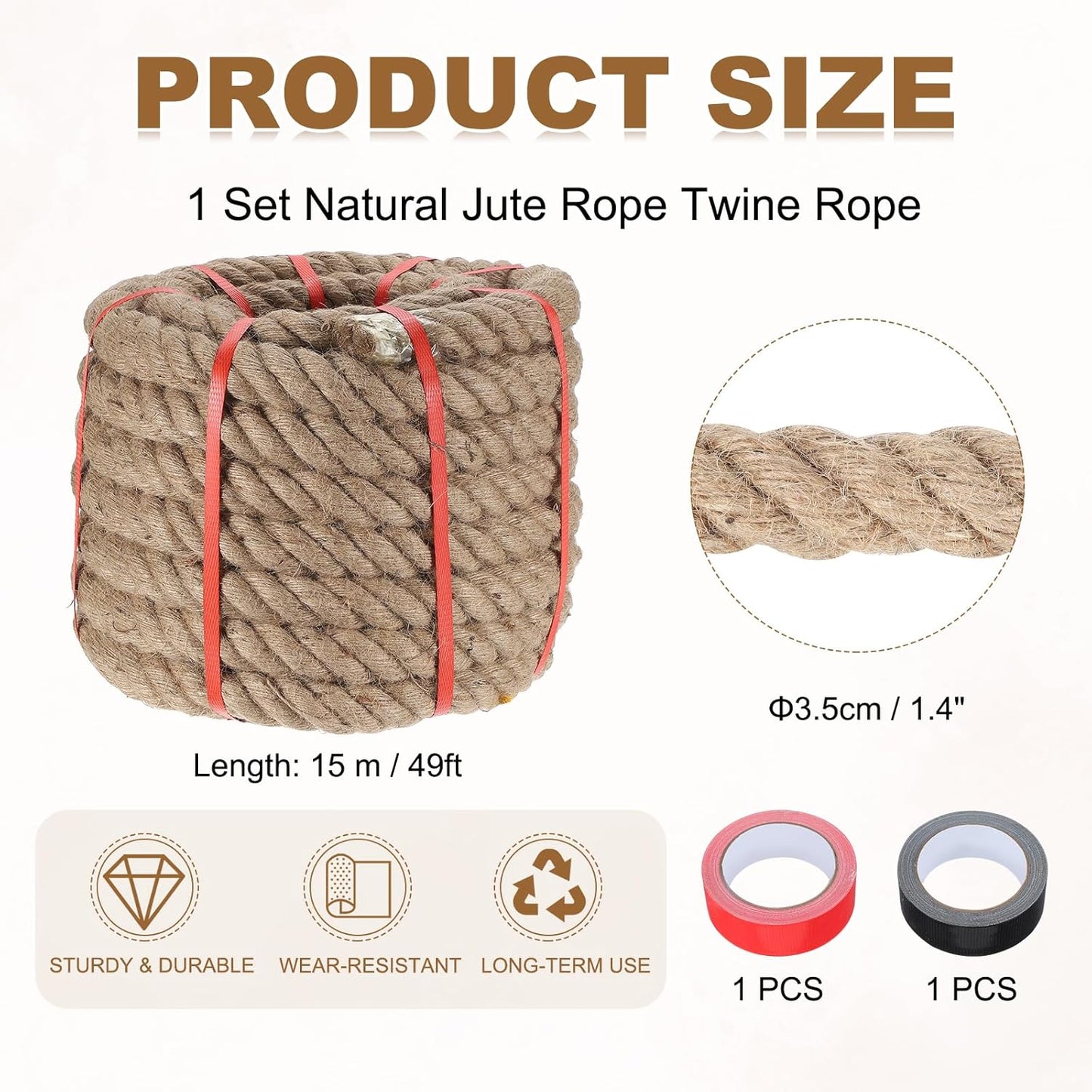 MECCANIXITY Jute Rope 1.4 Inch x 49ft, Thick Twine Rope Ropes Braided Jute Twine Natural Brown Burlap Cord String Heavy Twisted with Tapes for Decorative Crafts Railing Swing Tug of War