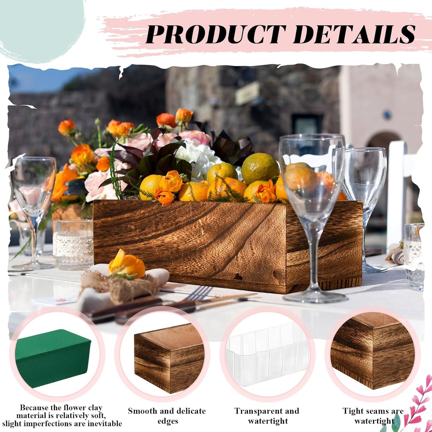 Dandat 2 Set Wood Boxes for Centerpieces 12x4 Inch Rectangle Wooden Planter Box Rustic Wood Planter with Removable Plastic Liner Floral Foam Blocks for Centerpieces Home Wedding Garden Decor