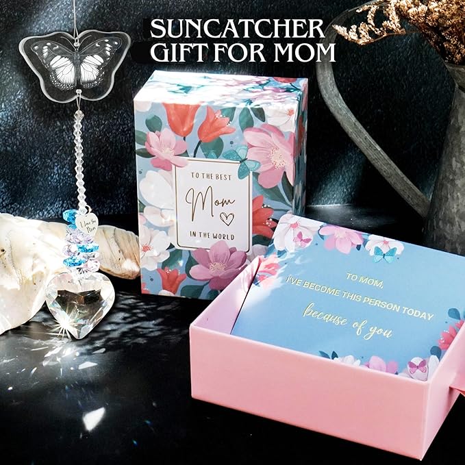 ARUN Gifts for Moms Birthday Gift Moms for mom Birthday Mothers Day from Daughter Son, Love Reminder Gifts Thanksgiving Christmas Butterfly suncatcher with Heart Crystal Mother's Things
