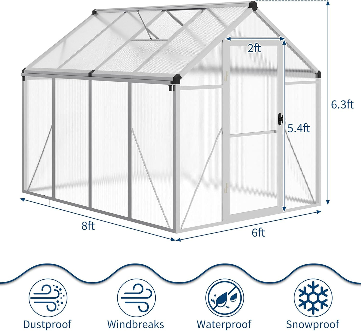 6 x 8 FT Greenhouse, Greenhouses for Outside, Polycarbonate Greenhouse with Aluminum Frame, Lockable Door and Ajustable Roof Vent for Backyard, Green Houses for Outside Garden Backyard, Patio