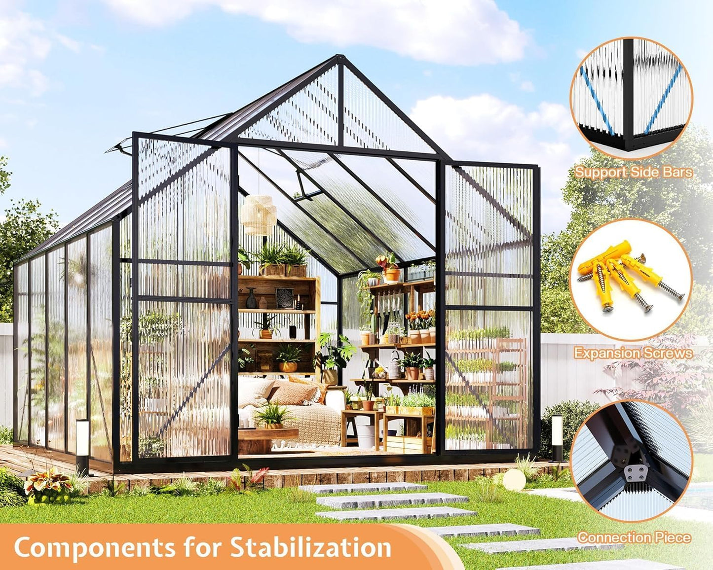 Jocisland 8x10x7 FT Polycarbonate Greenhouses for Outdoors, 2 Top-Opening Windows, 2 Swing Doors, Aluminum Walk-in Heavy Duty for Outdoor Use, Backyard Garden, Black