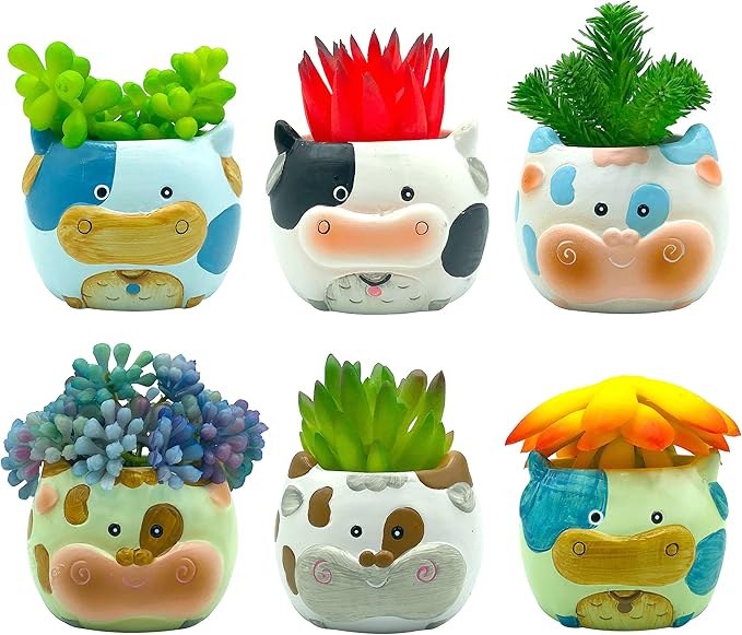Cow Planter Pots for Small & Succulent Sized Plants, Decorative Indoor & Outdoor Garden Backyard Flower Ceramic Pot Planter Holder, Set of 6, 2.7 in