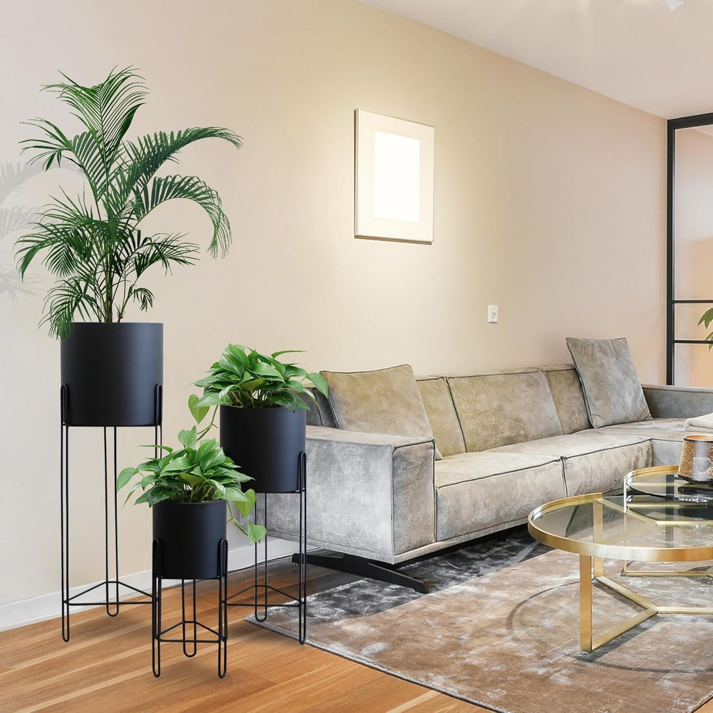 TRIROCKS Set of 3 Planters with Stand Indoor Otdoor Tall Planters for Indoor Plants 29 &18 &12" Morden Planters Flower Pots for Living Room Corner Kitchen Office Garden Balcony Patio Decor(Black)