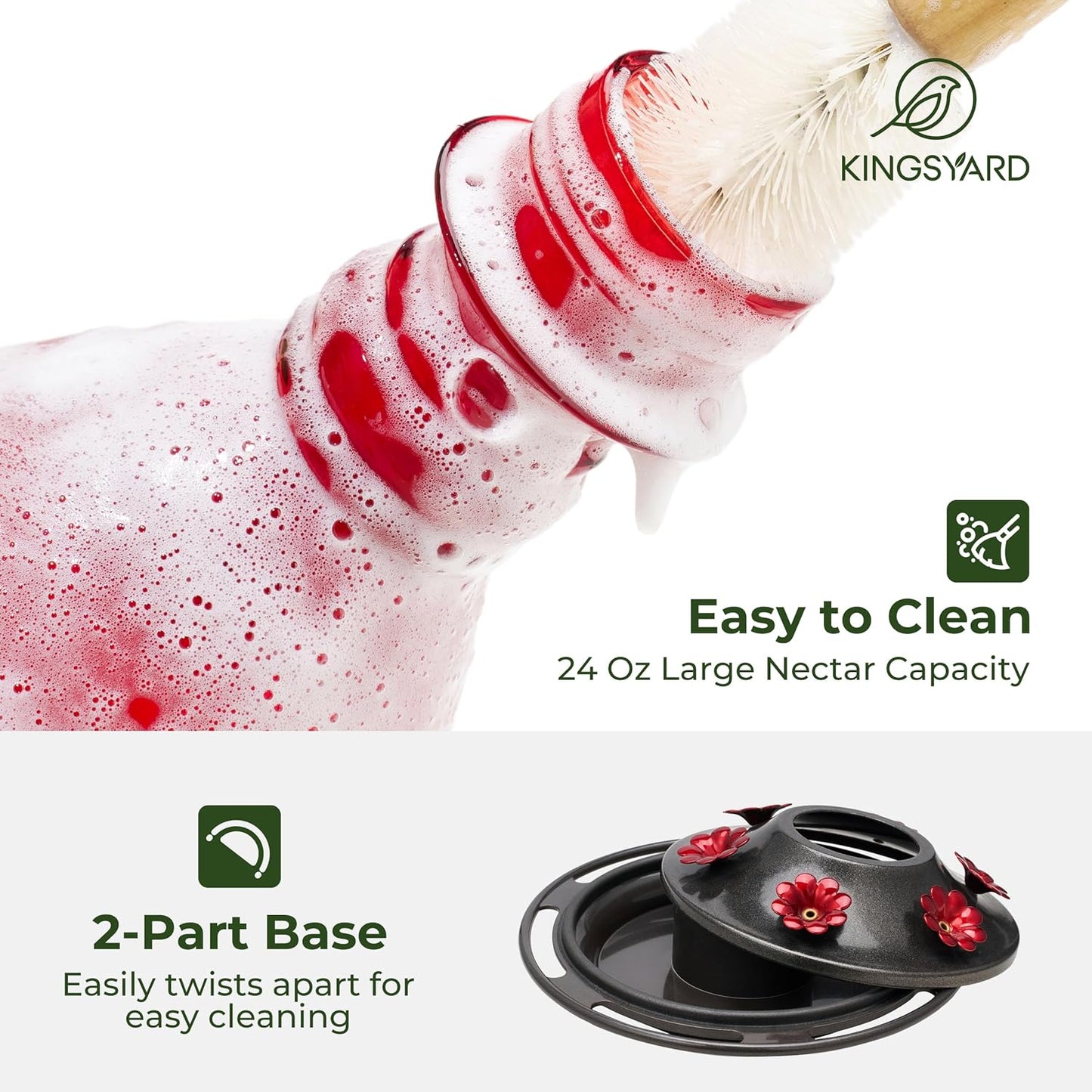 Kingsyard Glass Hummingbird Feeder - 6 Bee Guard Feeding Ports & Ant Moat, 24 oz Leak Proof, Wild Bird Feeder for Outdoors Hanging, Easy to Clean & Refill, Garden Yard Décor, Red & Pink