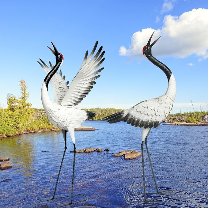 chisheen Crane Garden Statues Outdoor Metal Heron Yard Art Crane for Garden Sculptures Patio Lawn Ornaments,Set of 2