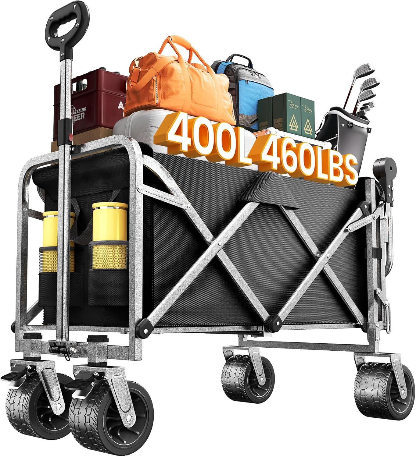 Upgraded 400L Large Capacity Folding Double Decker Wagon with Brakes（Black,54" Extra Long Extender Wagon Cart,660lbs Heavy Duty Collapsible Cart,All-Terrain Big Wheels for Camping,Shopping,Sport