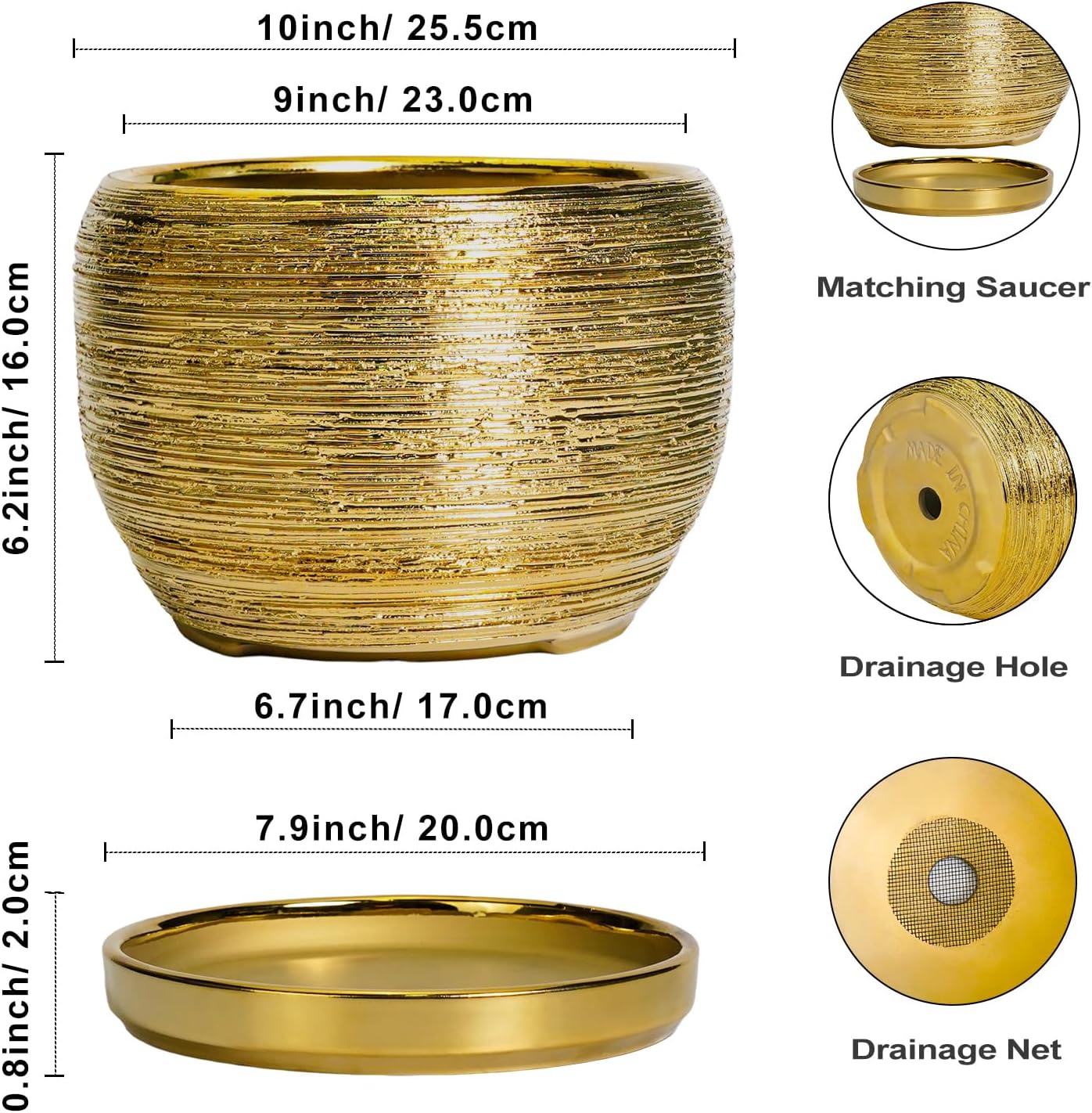 SQOWL Ceramic Planter for Indoor Plants - 10 Inch Plant Pot with Drainage Hole and Saucer, Modern Round Planter Outdoor, Large Decorative Flower Pot, Apartment Decor, Birthday Gifts, Gold