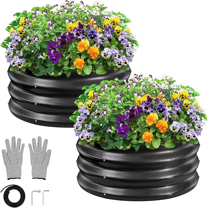GreatBuddy 2x2x1 ft Round Galvanized Raised Bed, Easy-Assembly Raised Garden Bed with Anti-Cut Gloves & Tools, Rust-Proof Garden Bed for Outdoor, Vegetables, Herbs, Small Trees, Black