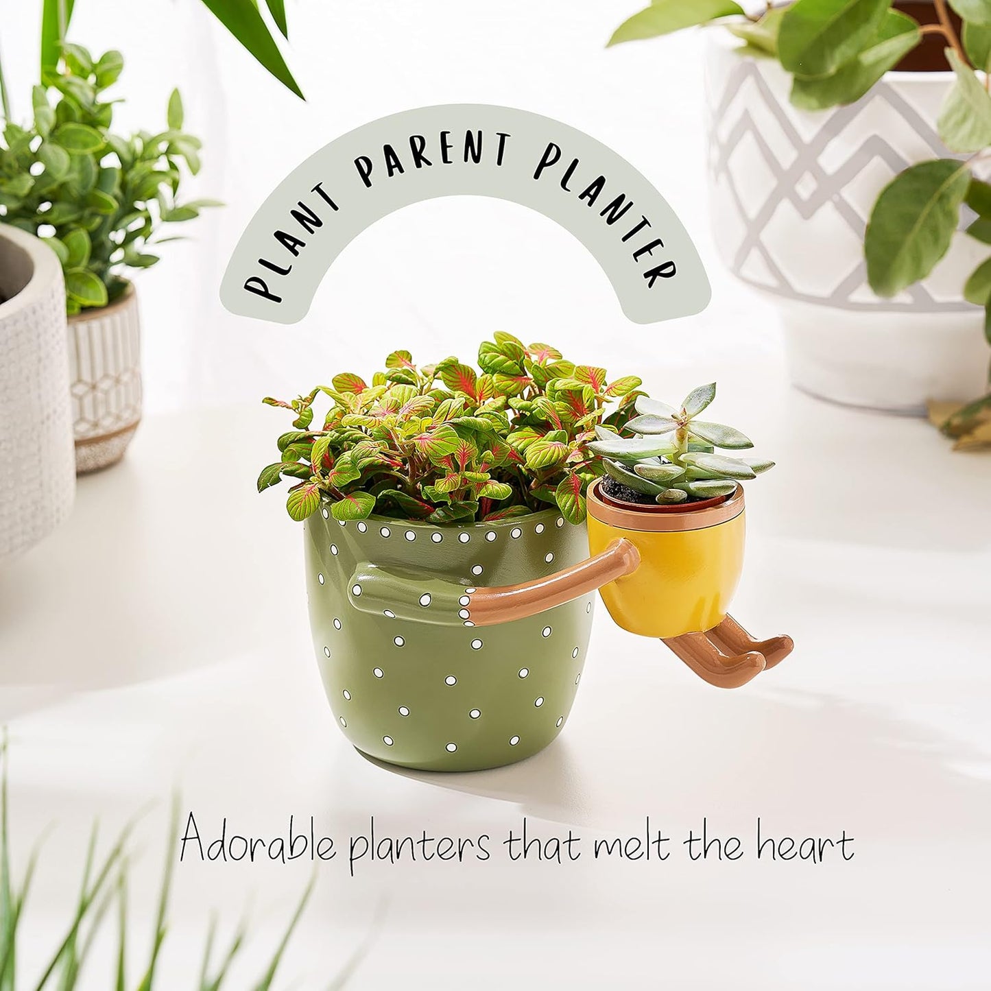 VIRTUNE Adorable Plant Pots. 5" Flower Pot & 2" Small Succulent Pot with Drainage. Small Plant Pots, Cute Pots for Plants, Succulent Planter (Green)