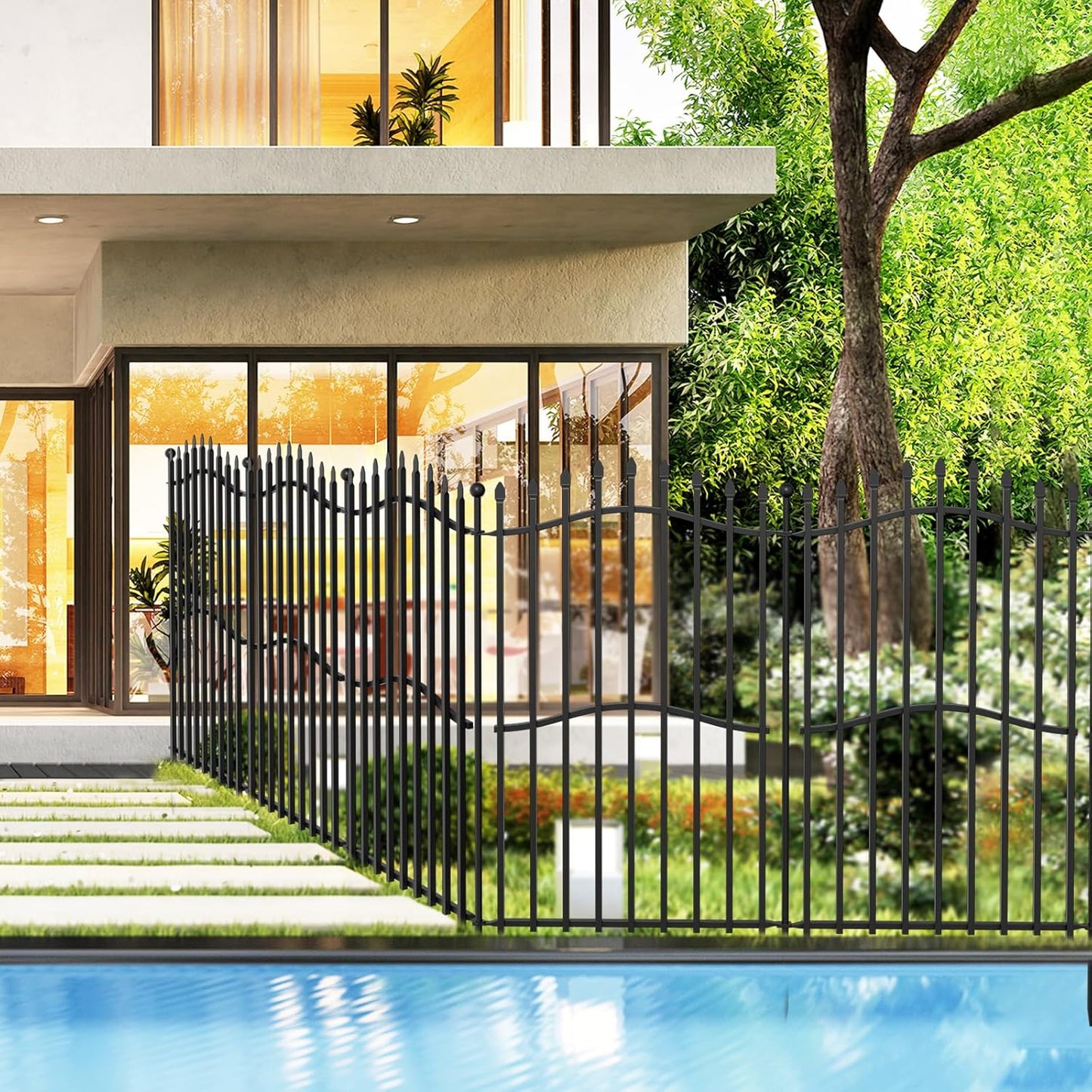 8 Panels Tall No Dig Garden Fence - 40in H x 18ft L, Reinforced Square Tube Rustproof Animal Barrier, Decorative Metal Fencing for Yard & Outdoor Dog Pet Play Areas