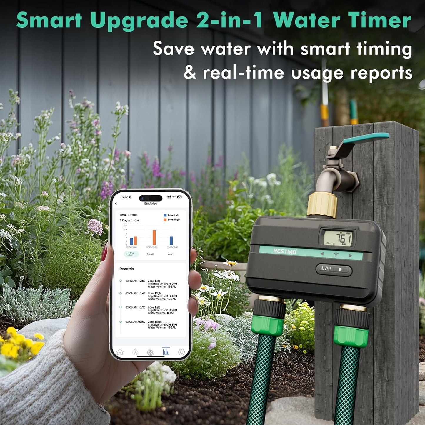 RESTMO Smart Sprinkler Timer with Flow Meter, 2 Zone Water Timer for Garden Hose, Brass Inlet & Outlet, Automatic Lawn & Yard Irrigation Watering System (Bluetooth Connection, Not Include Hub)