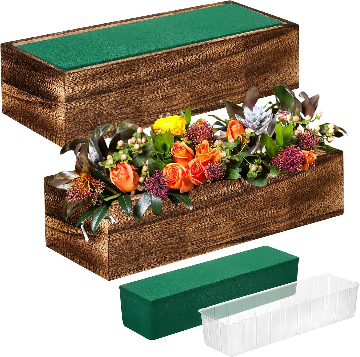 Dandat 2 Set Wood Boxes for Centerpieces 12x4 Inch Rectangle Wooden Planter Box Rustic Wood Planter with Removable Plastic Liner Floral Foam Blocks for Centerpieces Home Wedding Garden Decor