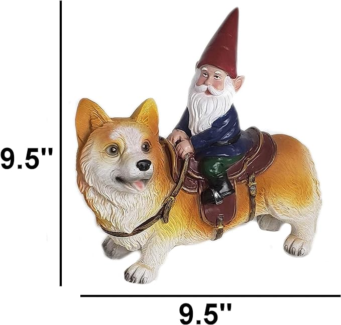 Funny Guy Mugs Garden Gnome Statue - Gnome Riding a Corgi - Indoor/Outdoor Garden Gnome Sculpture for Patio, Yard or Lawn