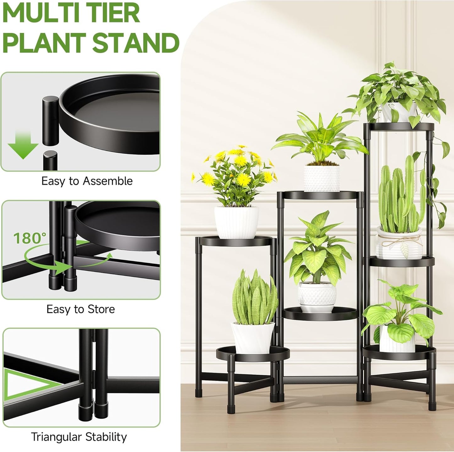 7 Tier Metal Plant Stand Indoor, Foldable Corner Plant Stands Outdoor, Rotatable Tiered Plant Stand, 32 Inch Tall Plant Shelf for Patio Living Room Balcony Garden Home - Black
