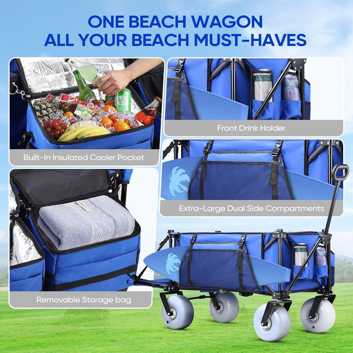 Beach Wagon with Big Wheels for Sand, 9" All-Terrain Balloon Wheels, Heavy Duty Folding Beach Cart 450lb Load, 260L Large Capacity Utility Wagon for Outdoor Sports (Dark Blue)