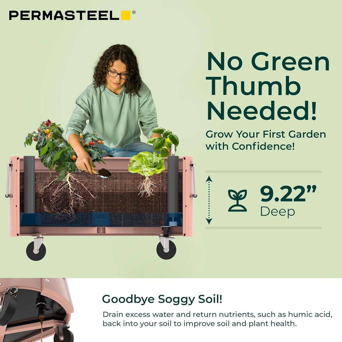 Permasteel Self-Watering Garden Bed, Rolling Planter for Vegetables, Flowers, Herbs, and Fruit, Outdoor Indoor, Caster Wheels, Pink