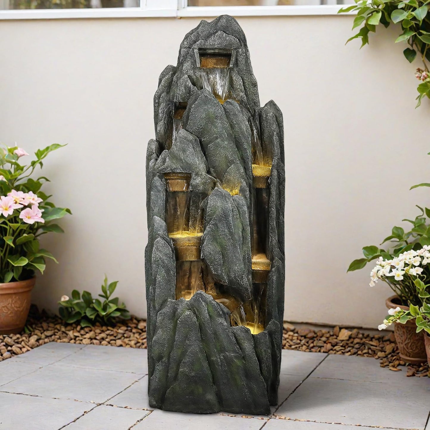 SunJet Outdoor Rockery Water Fountain with LED Lights - 51" Tall Resin Cascading Fountains and Waterfalls Feature for Patio, Yard, Garden Decor, Featuring Realistic Natural Stone Look