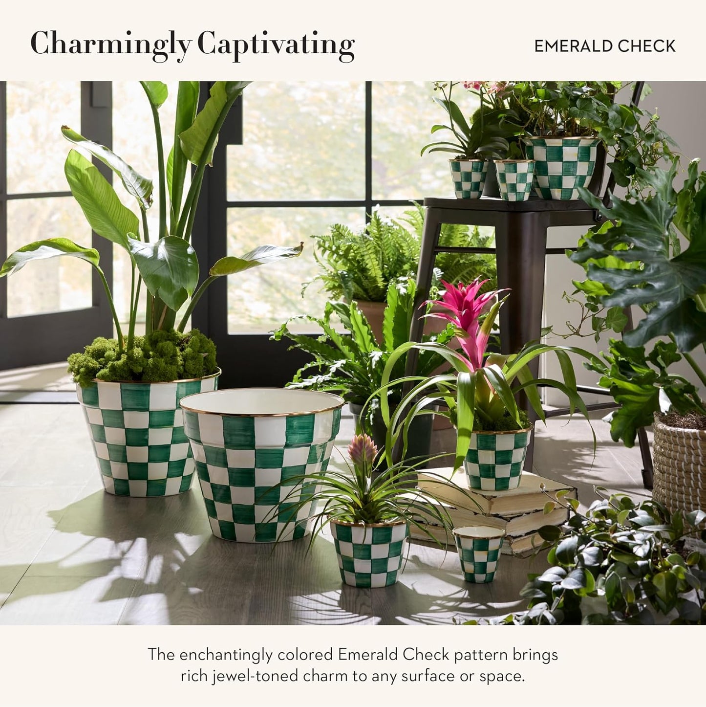 MACKENZIE-CHILDS Enamel Garden Pot, Decorative Pot for Plants, Outdoor Flowerpot Decor, Extra Large, Green-and-White Emerald Check