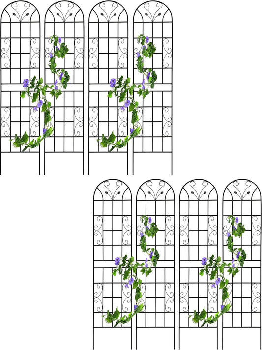 8 Pack Metal Garden Trellis for Climbing Plants, 86.7" Tall Rustproof Outdoor Trellis Panel with Vine Lines Design, Decorative Black Iron Plant Support for Vine, Rose, Flower, Garden Wall