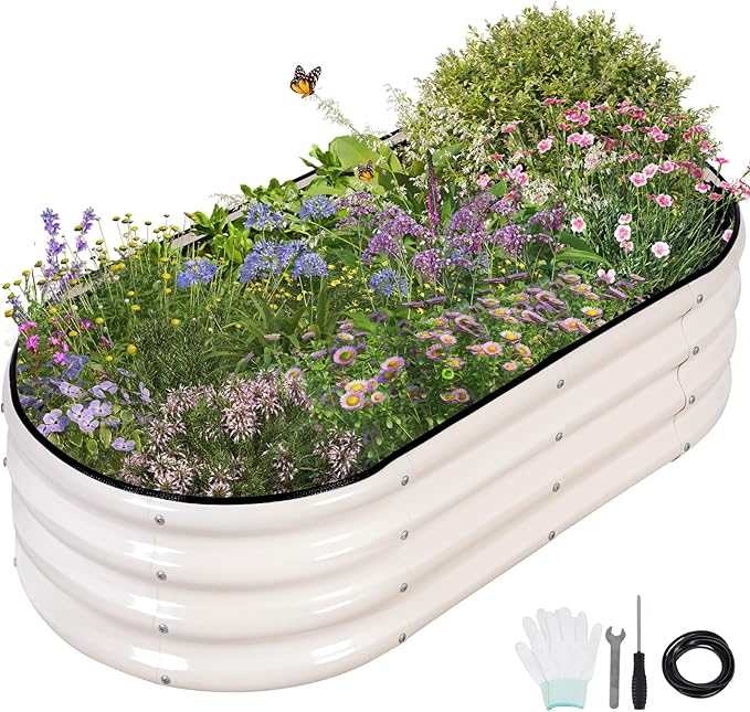Galvanized Raised Garden Bed - 4x2x1FT Metal Planter Boxes Outdoor | Oval Steel Raised Bed Kit for Gardening with Protective Tape, Gloves for Vegetables, Flower, Herb (White)