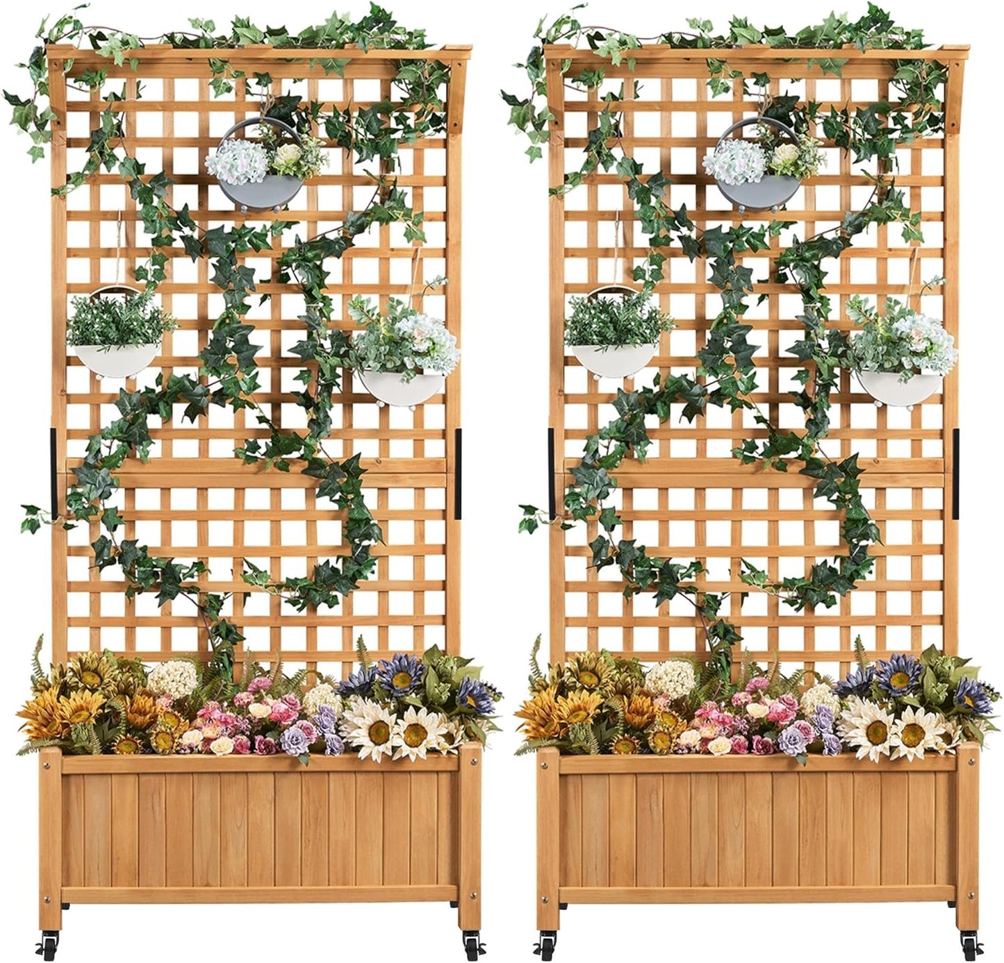 Yaheetech 72" H Garden Planter with Trellis for Vine Climbing Horticultural Plants, Yard Box Outdoor w/Drainage Holes, Garden Planter Bed for Flowers Herbs, Light Brown