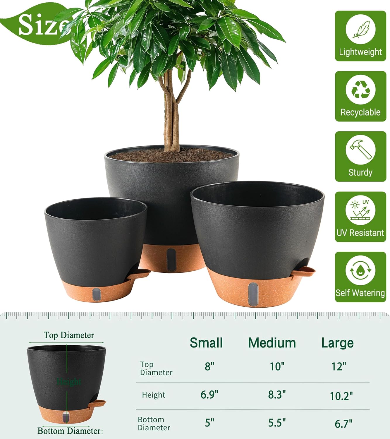 8/10/12 Inch Self Watering Pots for Indoor/Outdoor Plants - Large Plastic Planter with Drainage Holes, Water Level Indicator & Deep Reservoir, Modern Decorative Flower Pots (Black)