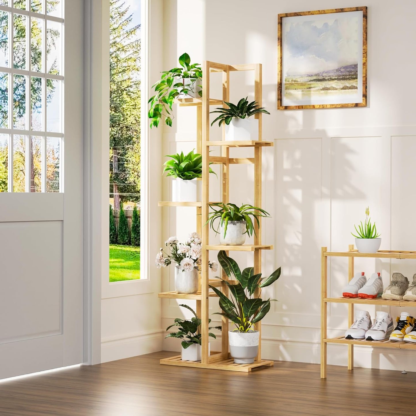 6 Tier Bamboo Plant Stand Indoor, Wood Tall Flower Holder Corner Tiered Plant Shelf for Multiple Plants (Natural)