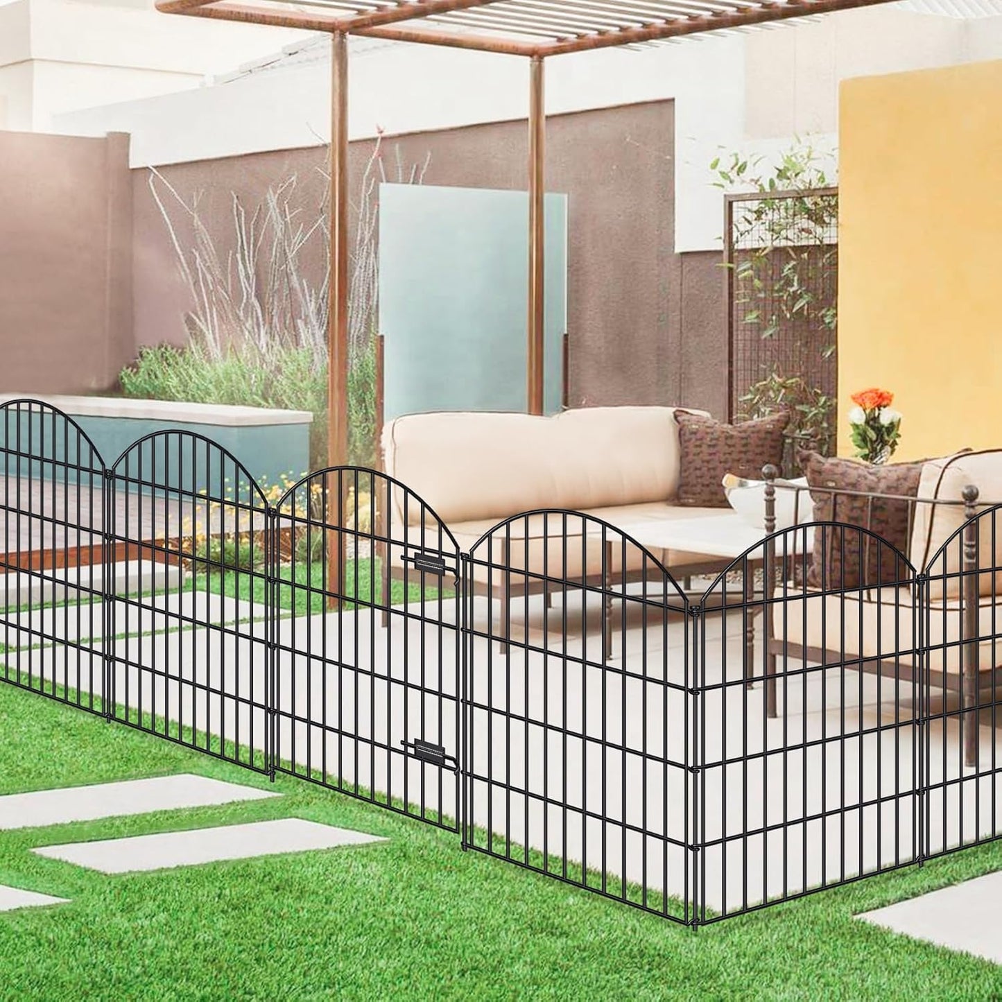 Metal Garden Fence with Gate 36in (H) x 23.3ft (L), 1 Gate+ 9 Panels Dog Fence Border Fence Animal Barrier, No Dig Garden Fencing for Yard Flower Bed Lawn Patio Outdoor, ECG3610, Black