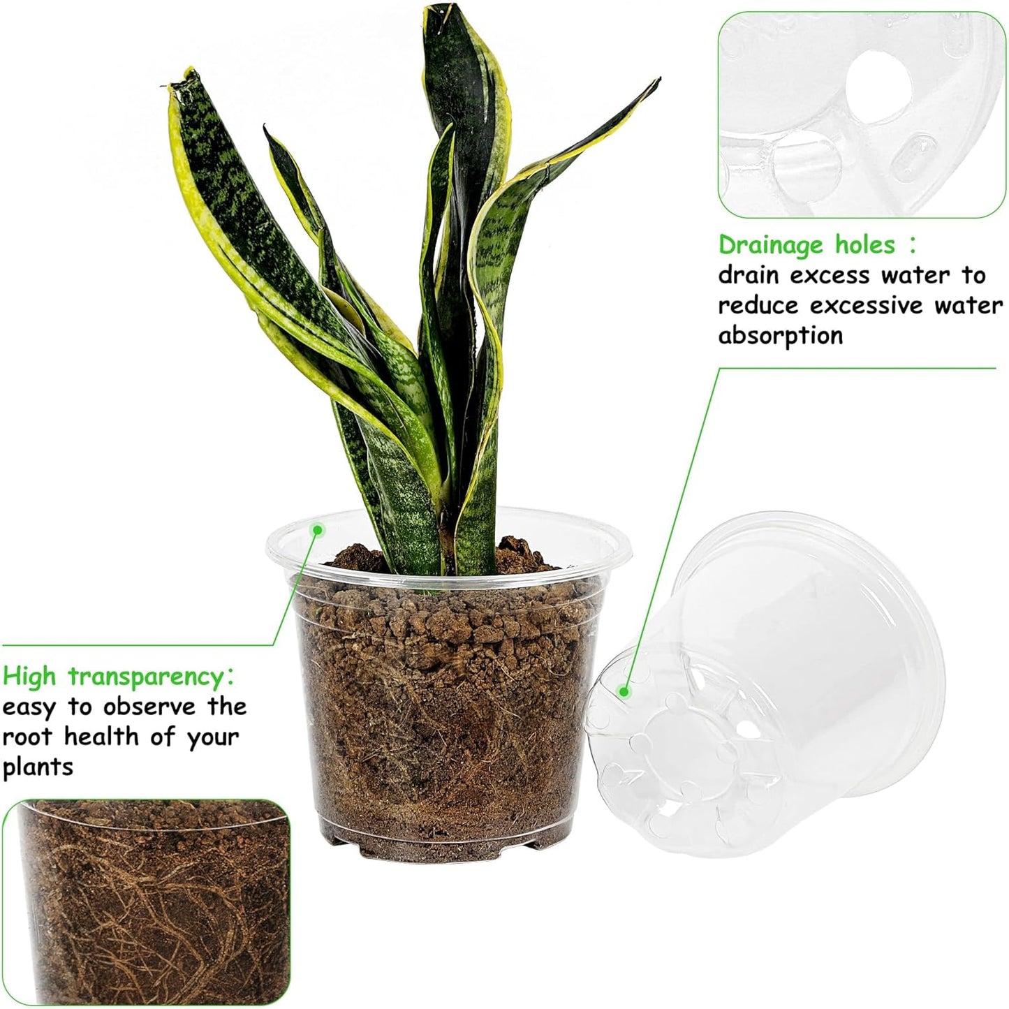 60 Pack 4/5/6 Inch Clear Nursery Pots with Drainage Holes, Transparent Plastic Plant Pots, Reinforced Seed Starter Flower Pots, Comes with 50pcs Plant Labels