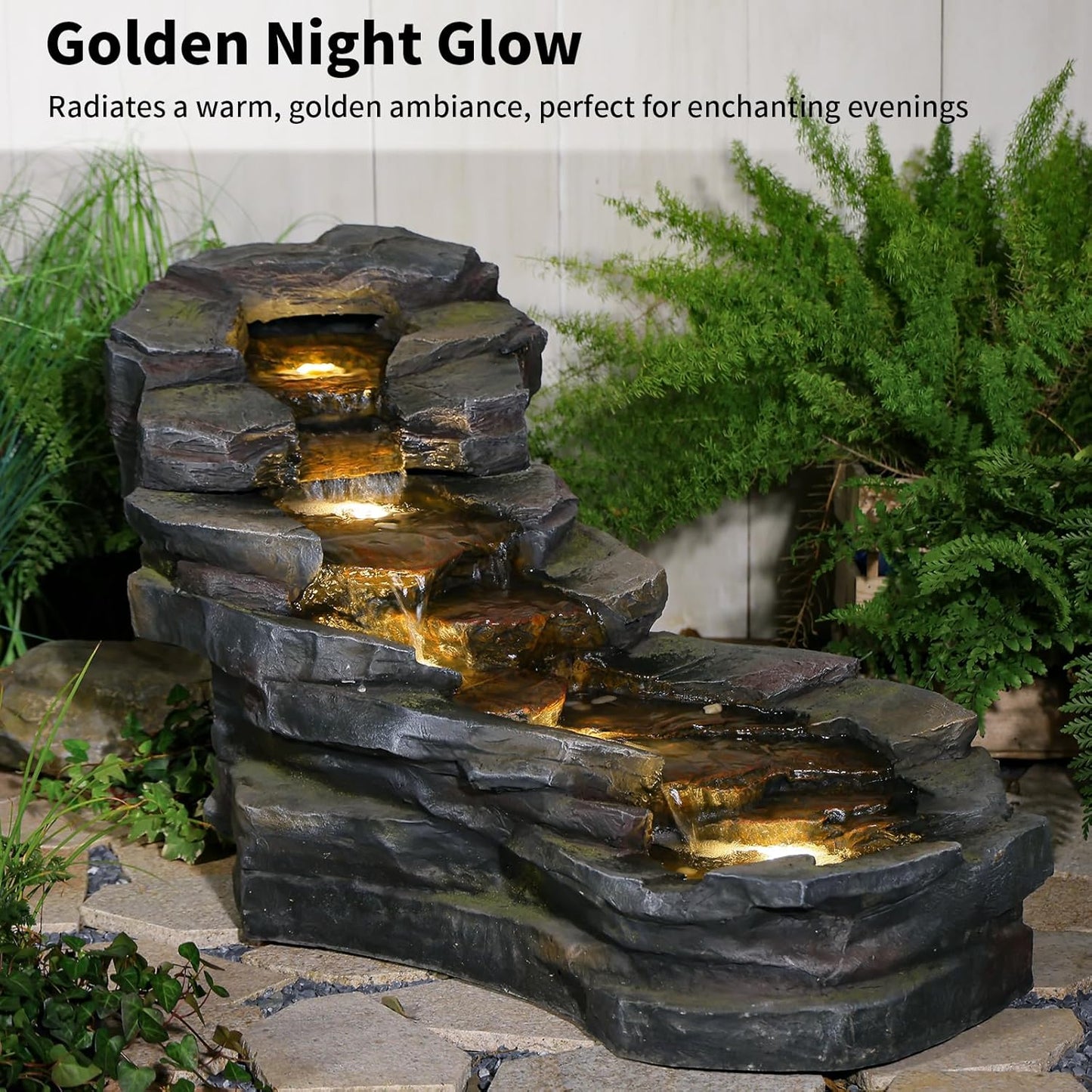 49" L Water Fountain Outdoor 5-Tiers Rock Natural Waterfall Fountains Floor Standing Water Features with LED Lights for Garden, Patio, Porch, Home Art Decor