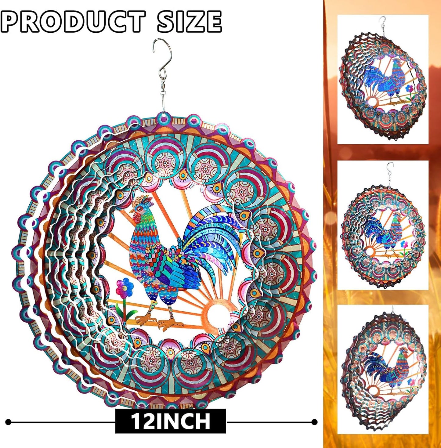 Rooster Wind Spinner - 3D Kinetic Chicken Wind Spinners | 12-Inch Rustproof Metal Hanging Sculpture, Outdoor Garden & Patio Decor, Unique Gifts for Dad, Mom, Men, Women