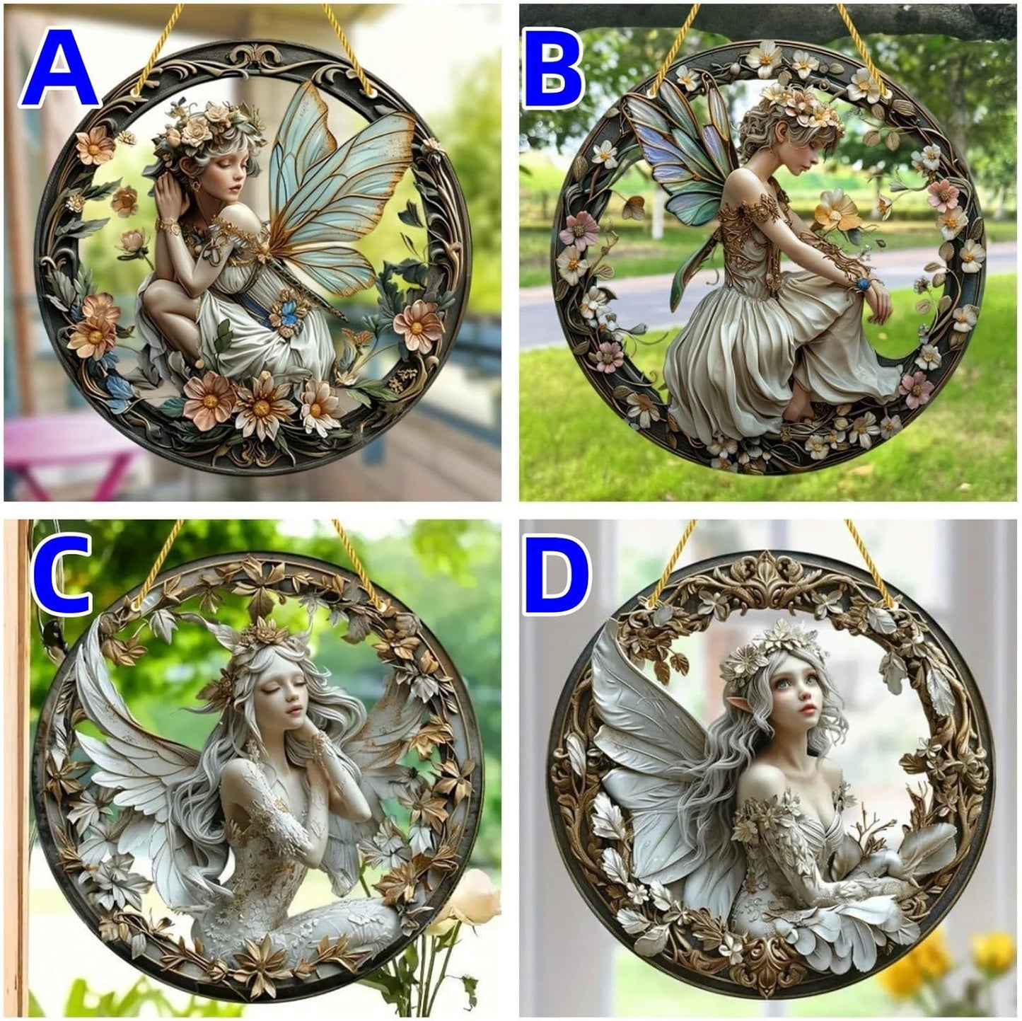 Flower Fairy Garden Decorations Angel Wing Christmas Halloween Deco Statue Art Elf Sculpture Hanging Craft for Outdoor Yard Courtyard Lawn Patio Window Acrylic Ornament Home Gift (D,S: 6*6 IN)
