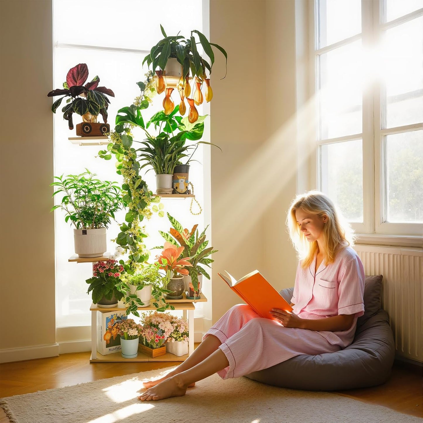 White Plant Shelves with Grow Lights: 7-Tier 65" Tall Stand for Indoor Corners, Living Room Display or Bedroom Gardening Rack
