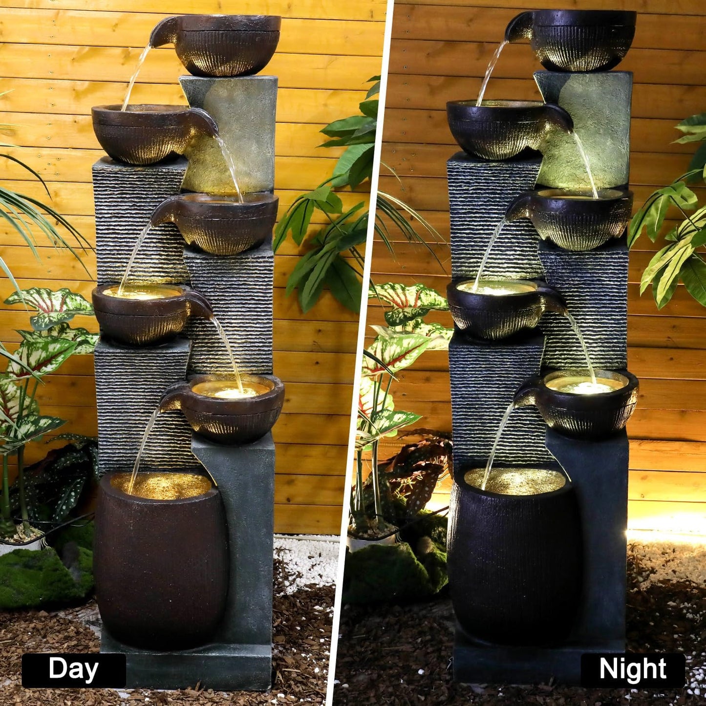 53.5” Tall 6-Tier Outdoor Water Fountain with LED Lights – Relaxing Cascading Resin Jar Waterfall for Garden, Patio, Backyard & Indoor Home Décor