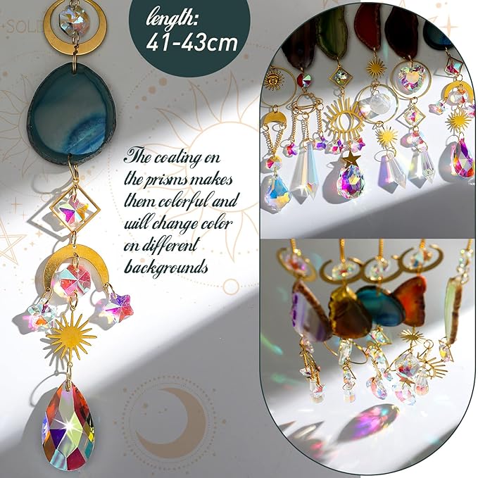 Maitys 6 Pcs 6 Pcs Crystal Suncatcher Sun Catchers Indoor Window Hanging Sun Catchers with Light Catcher with Prisms and Agate Slices for Indoor Outdoor Home Garden Wedding Decor (Colorful Crystal)