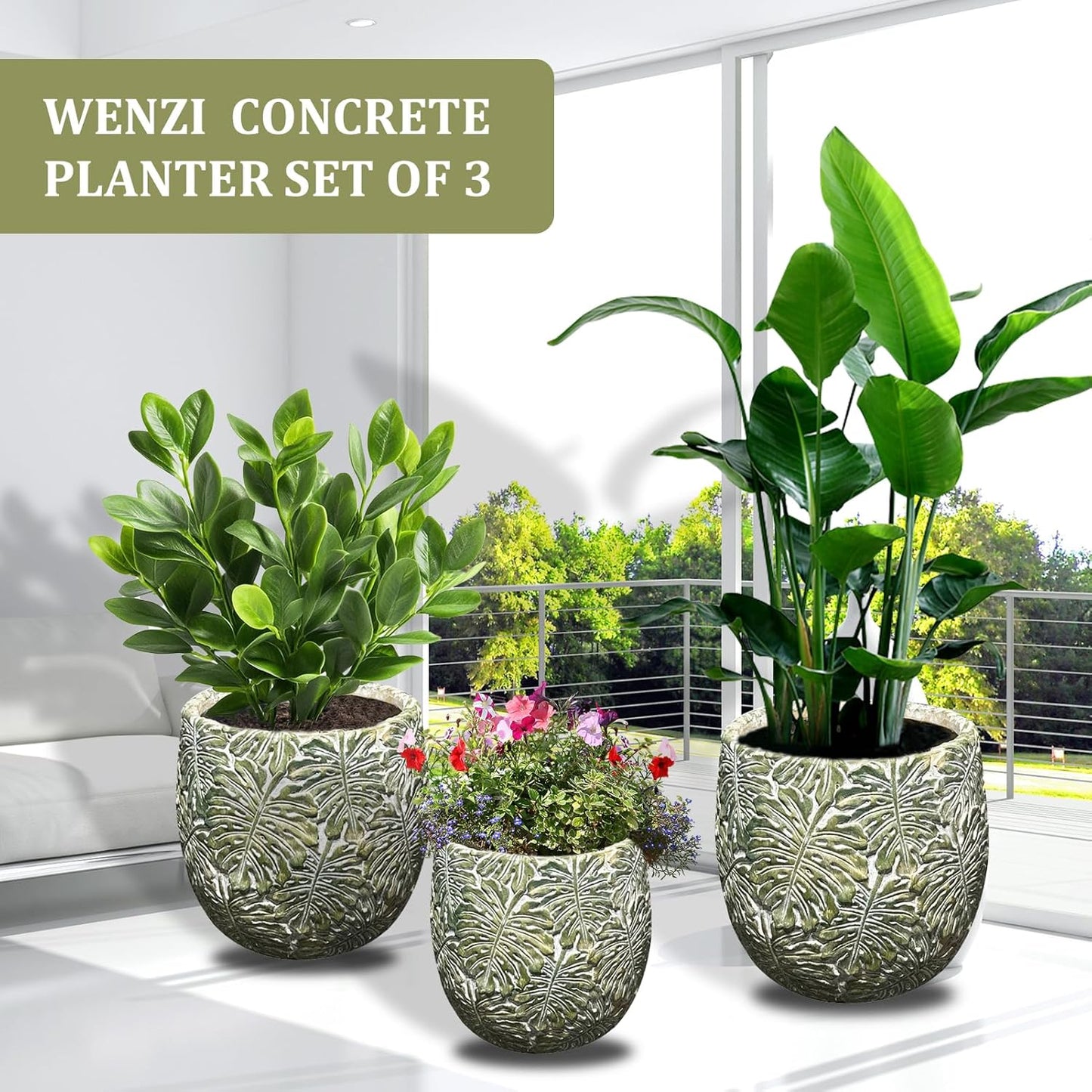 Craft flowerpots 18"+13"+9" Dia Round Concrete Planter Set of 3 Large Outdoor/Indoor Planter Pots Containers with Drainage Holes and Rubber Plug for Home Garden (Green, Large)