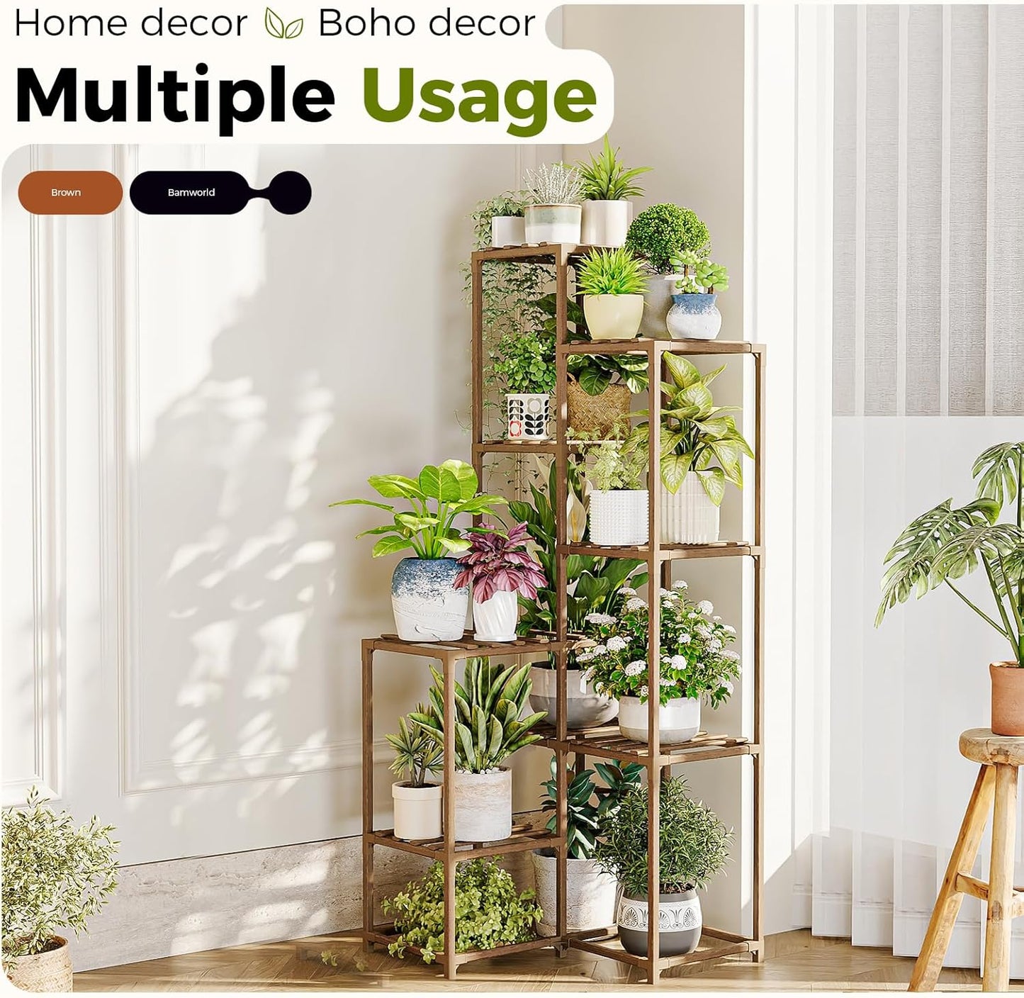 Bamworld Plant Stand Indoor Outdoor Corner Plant Shelf 54.7" Tall Plant Table Wood Large Plant Holder for Multiple Plants Patio Balcony Garden Office Home Decor