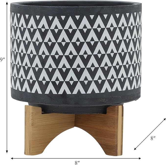 Sagebook Home 9" H 8" Diameter Dark Gray and Ivory Aztec Design Ceramic Planter with Solid Rubberwood Stand for Living Room, Bedroom, or Office