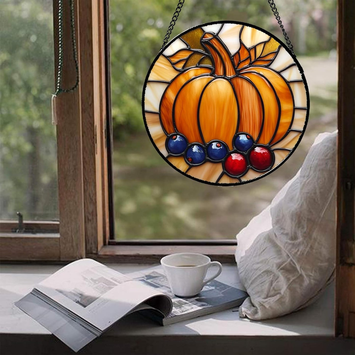 Stained Glass Window Hanging Fall Pumpkin Berries Large 15" - Suncatcher Door Garden Kitchen Sunroom Sun Catcher Autumn Home Decor Birthday for Mom Grandma Men Woman