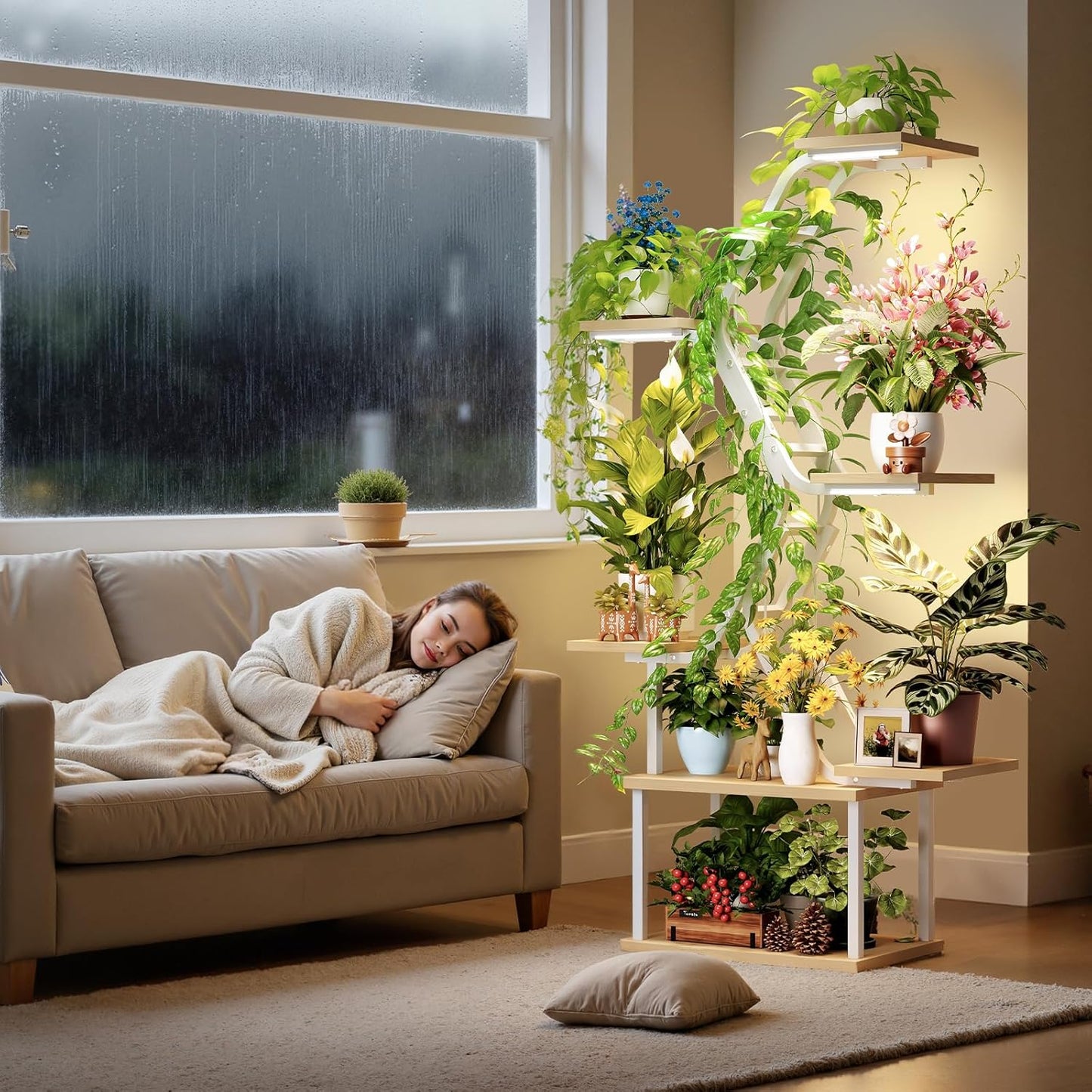 White Plant Shelves with Grow Lights: 7-Tier 65" Tall Stand for Indoor Corners, Living Room Display or Bedroom Gardening Rack