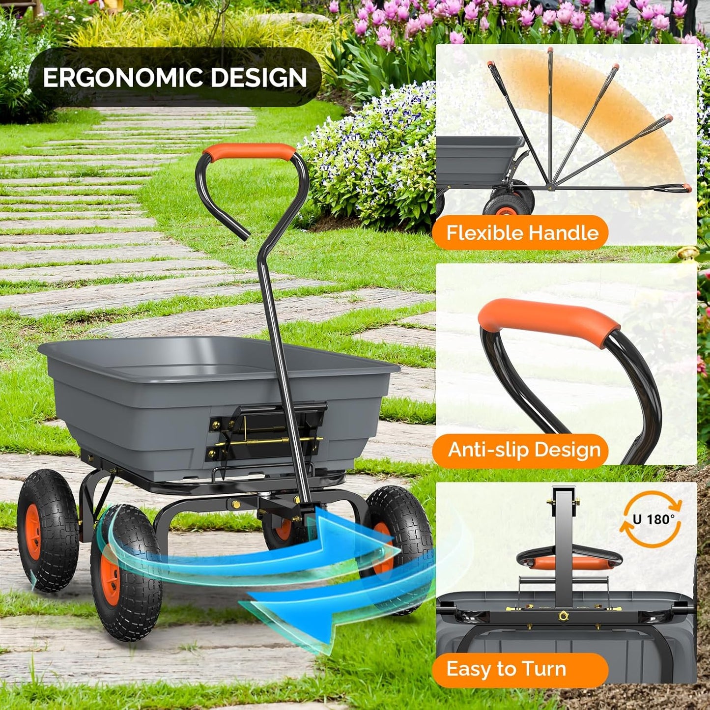 VINGLI Dump Cart Wagon, 440LBS Quick-Release Dump Wheelbarrow, All-Terrain 10" Tires Garden Wagon for Yard, Lawn and Outdoor Use