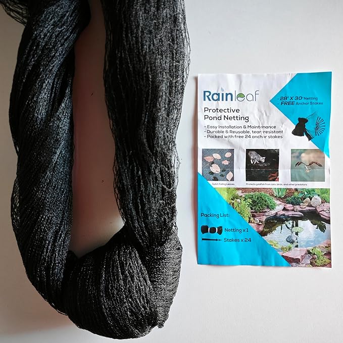 Rainleaf Pond Netting, 7' x 10' Pond Net Cover, Koi Pond Netting for Leaves, Heavy Duty Koi Pond Net Protecting Koi Fish from Herons, Stakes Included