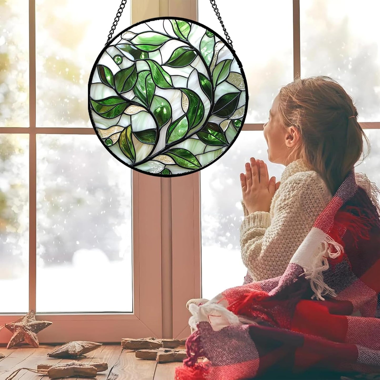 Stained Glass Window Hanging - White Green Leaves Suncatcher for Doors Window Home Plant Sun Catchers Decor Christmas Mother's Day Birthday Gifts for Teacher Women Men Mom Nana 15 in