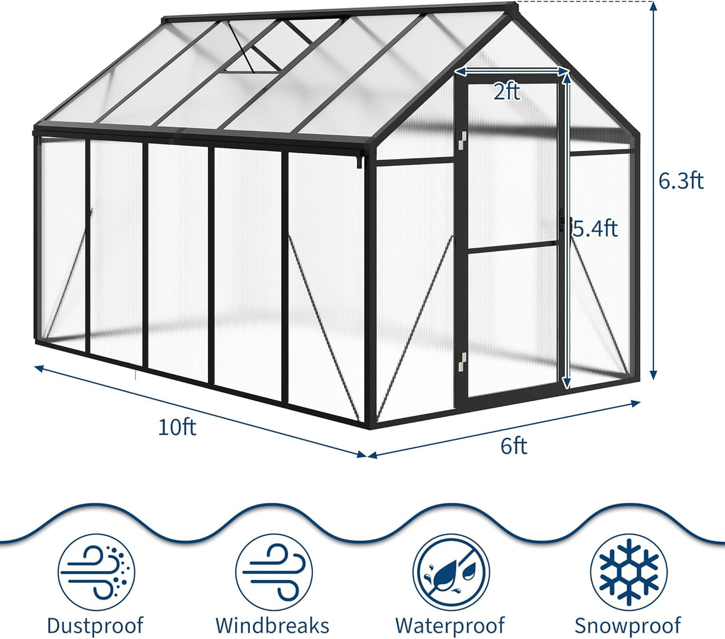 6 x 10 FT Greenhouse, Greenhouses for Outside, Polycarbonate Greenhouse with Aluminum Frame, Lockable Door and Ajustable Roof Vent for Backyard, Green Houses for Outside Garden Backyard, Patio