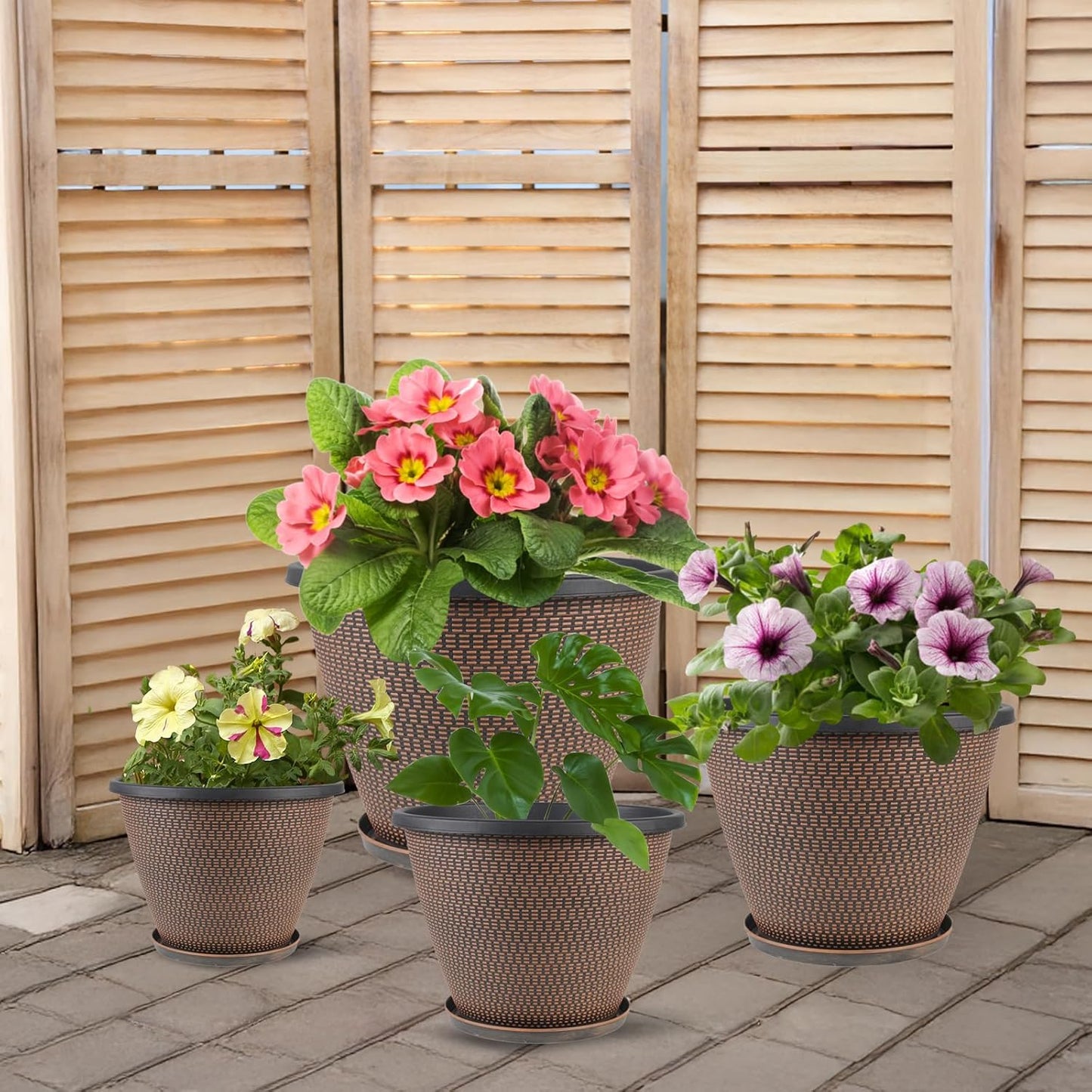 4 Pack 10 inch Plant Pot for Outdoor Indoor, Plastic Flower Pots with Drainage Holes & Saucers, Lightweight Large Outdoor Planter Pot, Imitation Knit Pots for Garden House Planters (Black Copper)