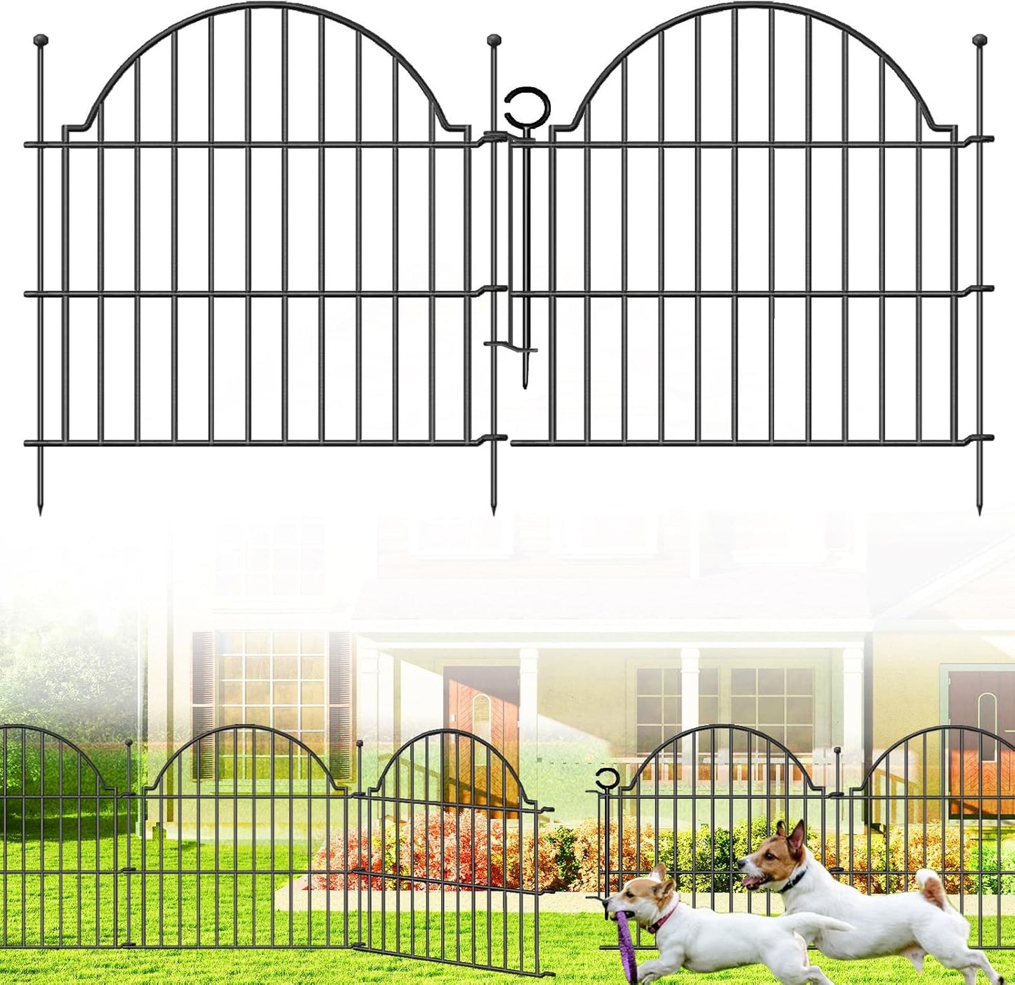 Decorative Metal Garden Fence with Gate Lock 10 Panels, 24in (H) x 20ft (L) No Dig Dog Fence Outdoor for Yard, Temporary Rustproof Metal Wire Rabbit Dog Garden Border Fencing for Patio