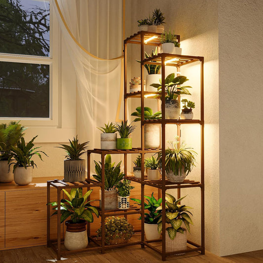 Bamworld Corner Plant Stand With Grow Lights - Tall Shelf Indoor Outdoor for Multiple Plants - Wood Table 7 Pots Flower Stands for Living Room Rack