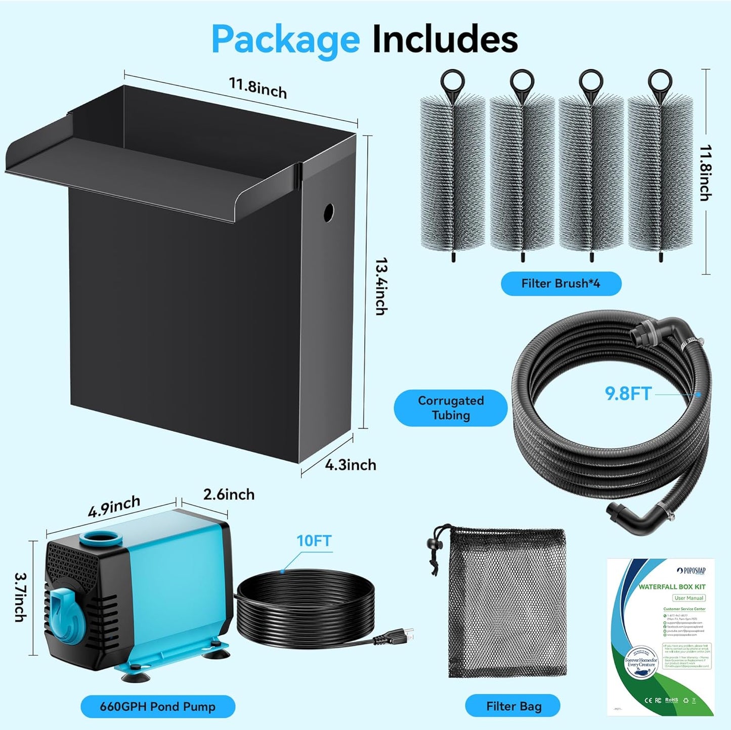 POPOSOAP Pond Waterfall Spillway with Pump Kit, 13.4" H x 12" W Stainless Steel Pond Waterfall Box with Pond Pump, Filtration, 10FT Corrugated Tubing for Outdoor Garden Pond Spillway